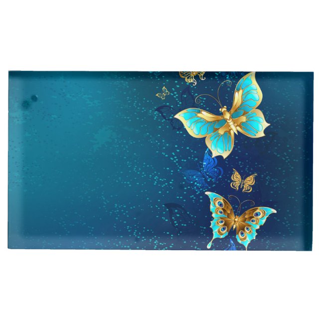 Golden Butterflies on a Blue Background Place Card Holder (Front)