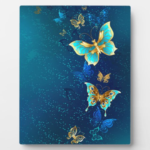 Golden Butterflies on a Blue Background Plaque