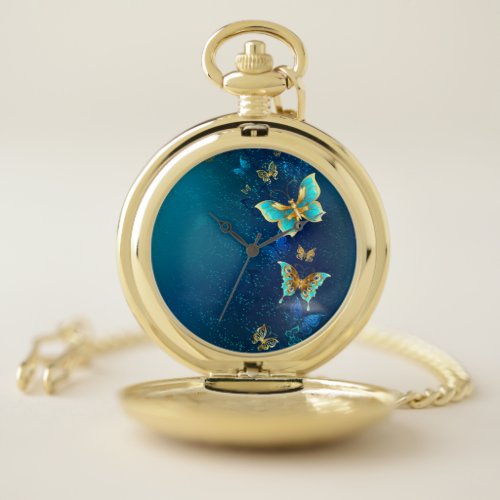 Golden Butterflies on a Blue Background Pocket Watch