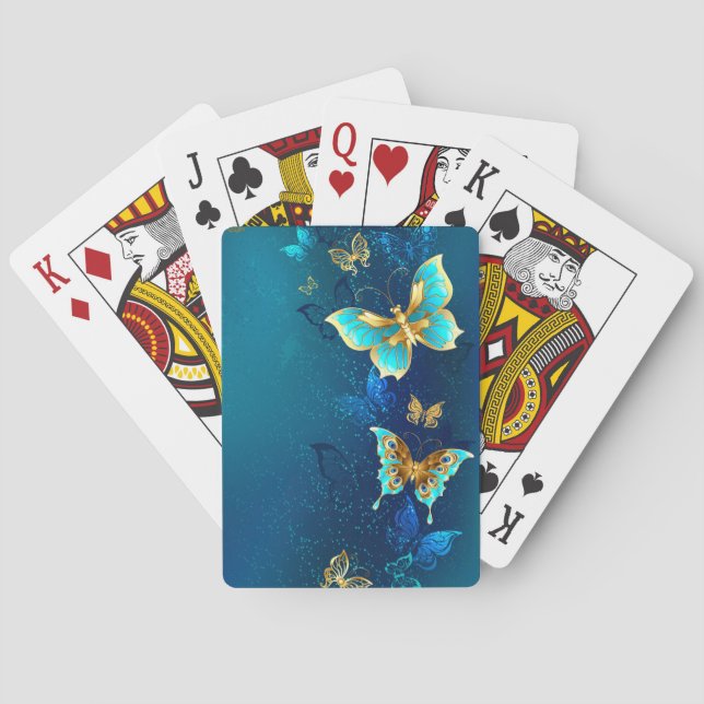 Golden Butterflies on a Blue Background Poker Cards (Back)