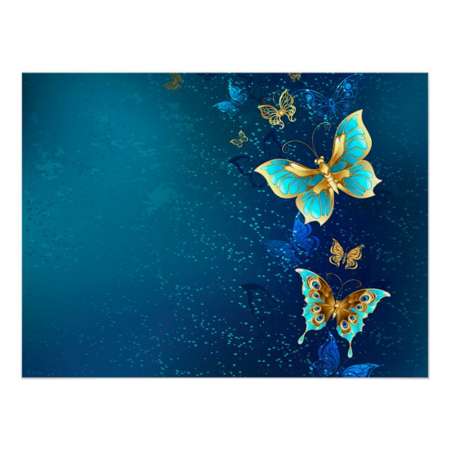 Golden Butterflies on a Blue Background Poster (Front)