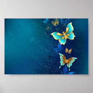 Golden Butterflies on a Blue Background Poster