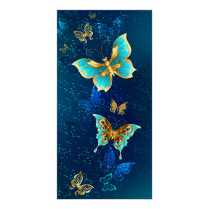Golden Butterflies on a Blue Background Poster
