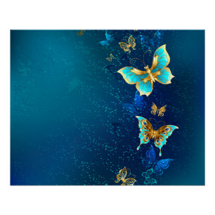 Golden Butterflies on a Blue Background Poster