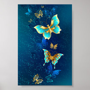 Golden Butterflies on a Blue Background Poster