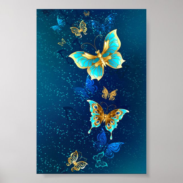 Golden Butterflies on a Blue Background Poster (Front)
