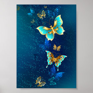 Golden Butterflies on a Blue Background Poster