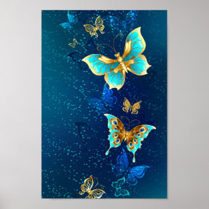 Golden Butterflies on a Blue Background Poster