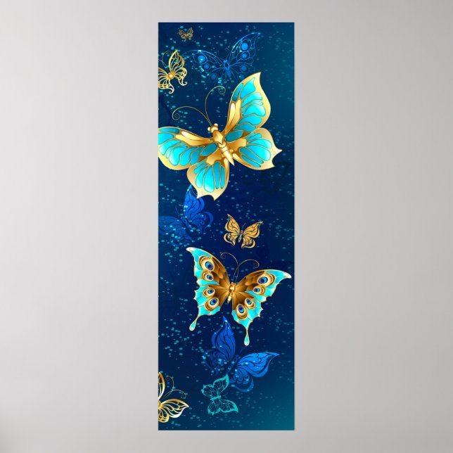 Golden Butterflies on a Blue Background Poster (Front)