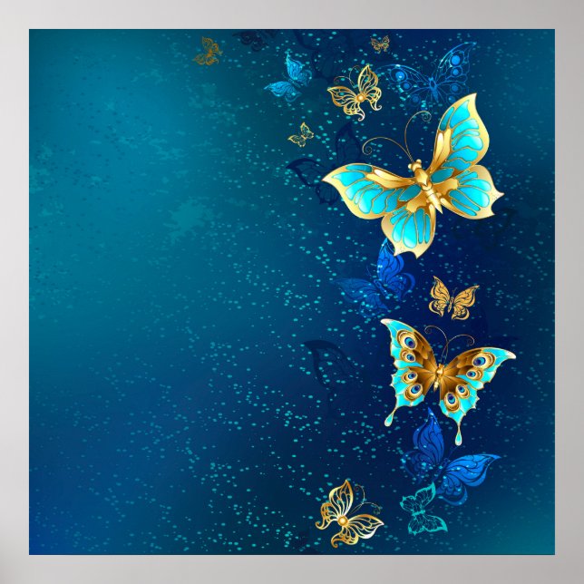 Golden Butterflies on a Blue Background Poster (Front)