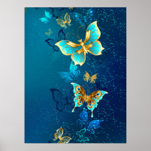 Golden Butterflies on a Blue Background Poster