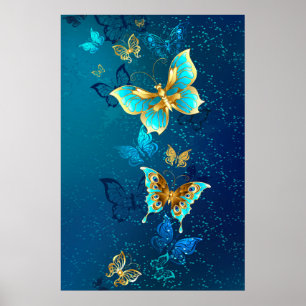 Golden Butterflies on a Blue Background Poster