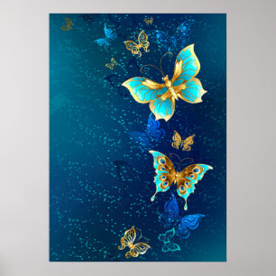 Golden Butterflies on a Blue Background Poster