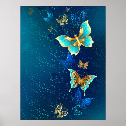 Golden Butterflies on a Blue Background Poster