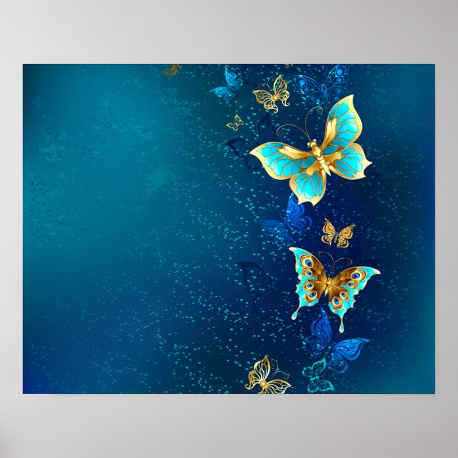 Golden Butterflies on a Blue Background Poster (Front)