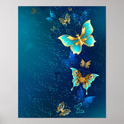 Golden Butterflies on a Blue Background Poster