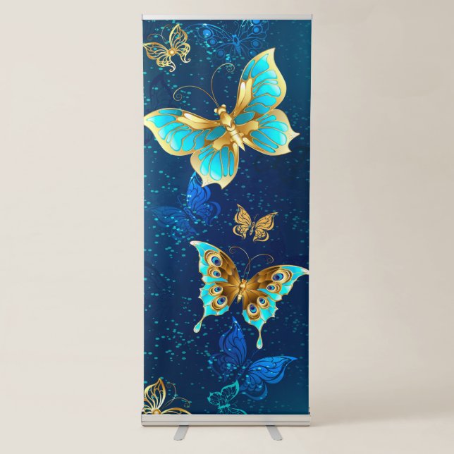 Golden Butterflies on a Blue Background Retractable Banner (Front)