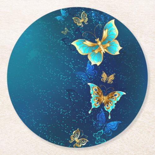 Golden Butterflies on a Blue Background Round Paper Coaster