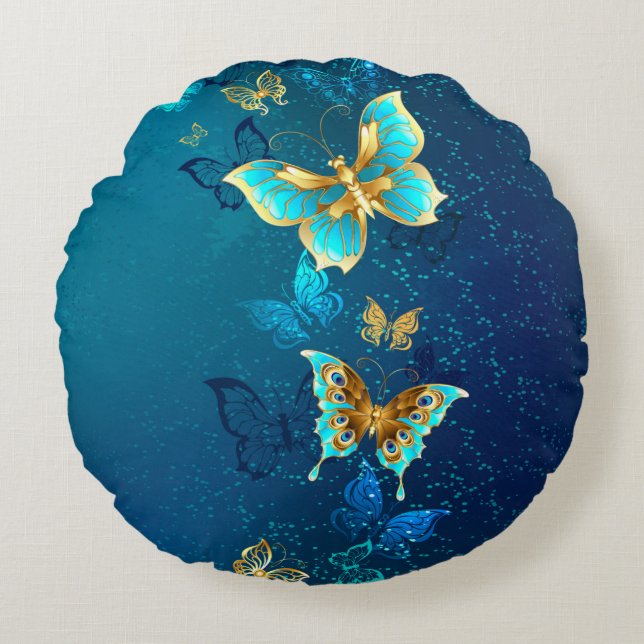 Golden Butterflies on a Blue Background Round Pillow (Front)