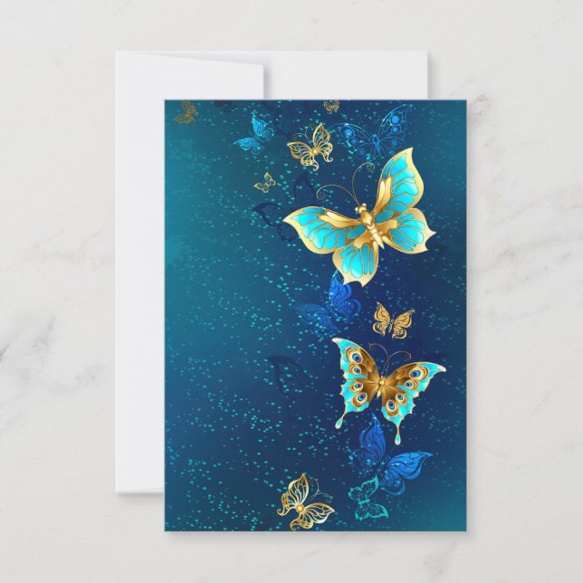 Golden Butterflies on a Blue Background RSVP Card (Front)