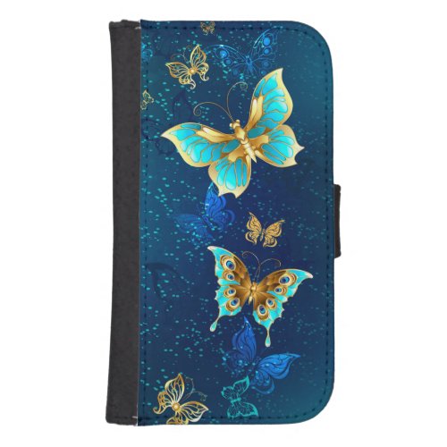 Golden Butterflies on a Blue Background Galaxy S4 Wallet Case