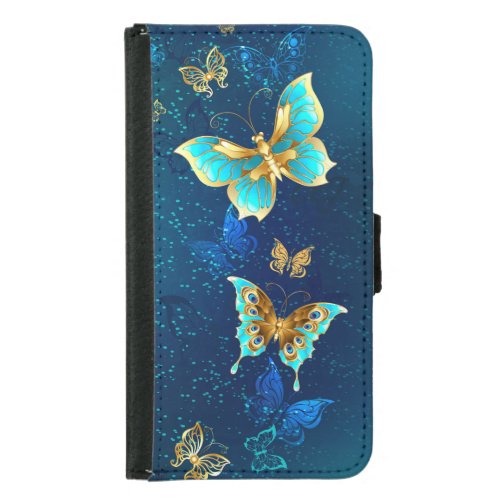 Golden Butterflies on a Blue Background Samsung Galaxy S5 Wallet Case