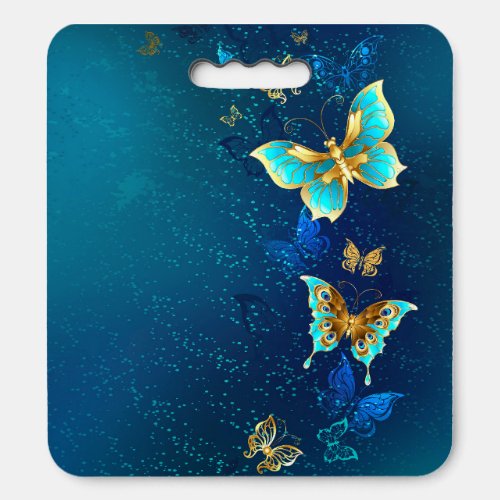 Golden Butterflies on a Blue Background Seat Cushion