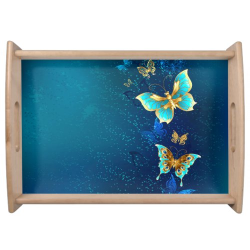 Golden Butterflies on a Blue Background Serving Tray