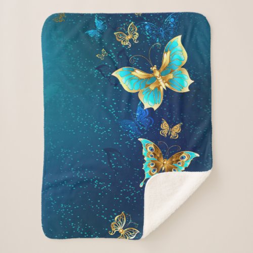 Golden Butterflies on a Blue Background Sherpa Blanket