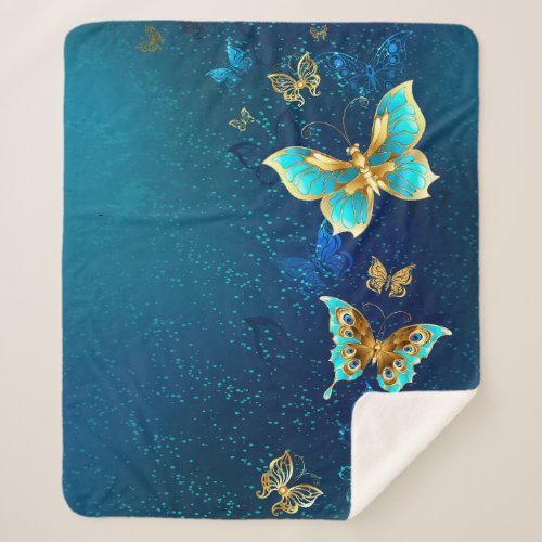 Golden Butterflies on a Blue Background Sherpa Blanket
