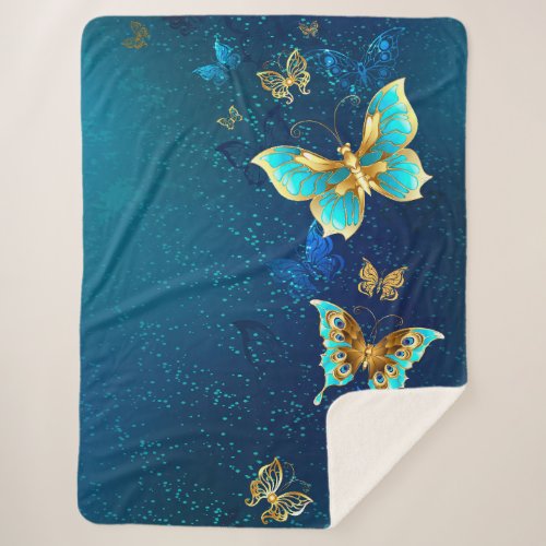 Golden Butterflies on a Blue Background Sherpa Blanket