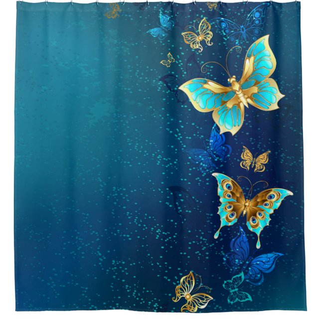 Golden Butterflies on a Blue Background Shower Curtain (Front)