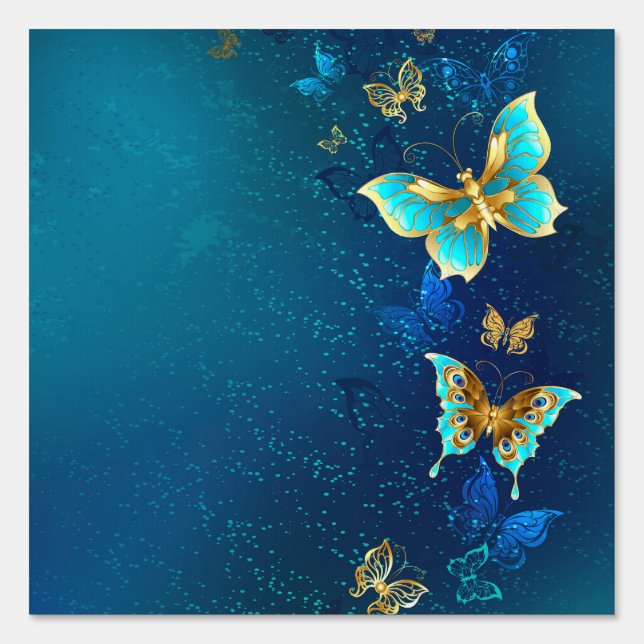 Golden Butterflies on a Blue Background Sign (Front)