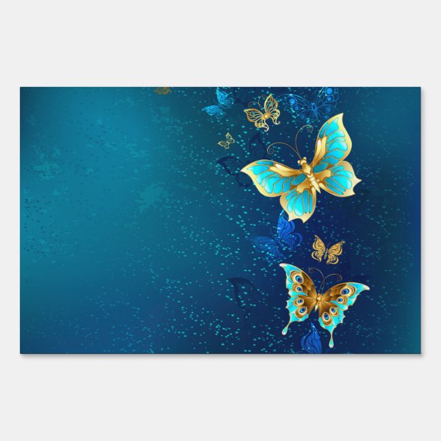 Golden Butterflies on a Blue Background Sign (Front)