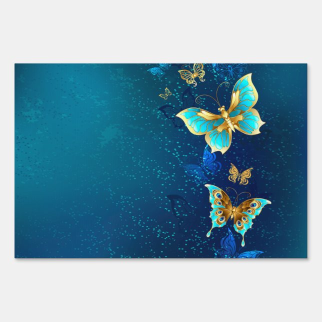 Golden Butterflies on a Blue Background Sign (Front)