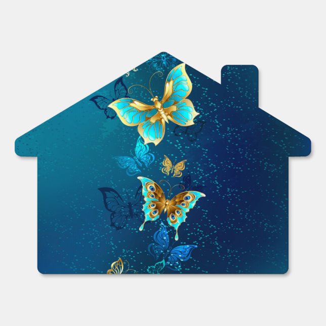 Golden Butterflies on a Blue Background Sign (Front)