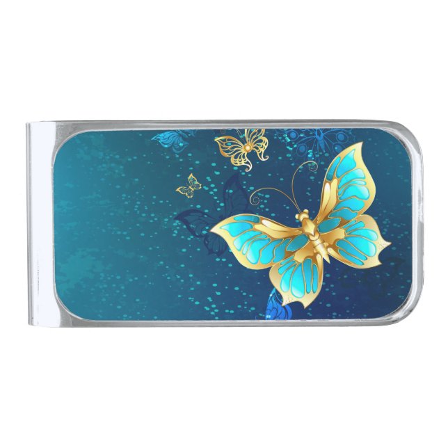 Golden Butterflies on a Blue Background Silver Finish Money Clip (Front)
