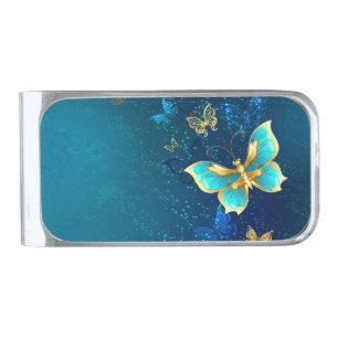 Golden Butterflies on a Blue Background Silver Finish Money Clip