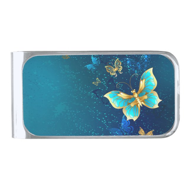 Golden Butterflies on a Blue Background Silver Finish Money Clip (Front)