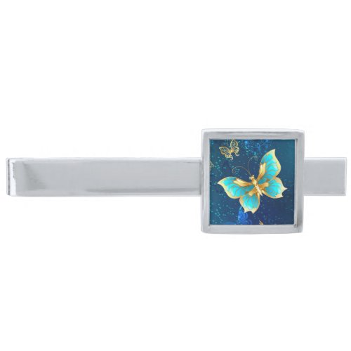 Golden Butterflies on a Blue Background Silver Finish Tie Bar