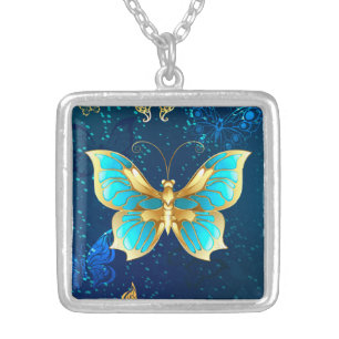Golden Butterflies on a Blue Background Silver Plated Necklace