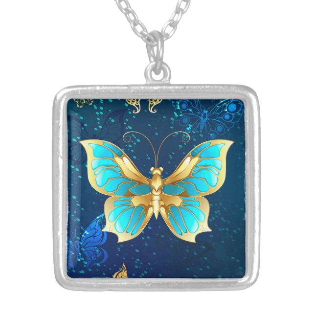 Golden Butterflies on a Blue Background Silver Plated Necklace (Front)