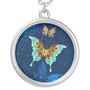 Golden Butterflies on a Blue Background Silver Plated Necklace
