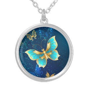 Golden Butterflies on a Blue Background Silver Plated Necklace