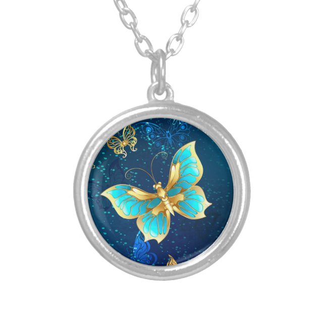 Golden Butterflies on a Blue Background Silver Plated Necklace (Front)