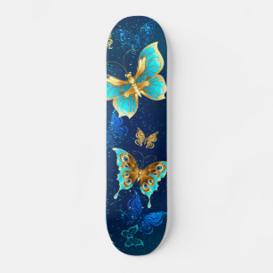 Golden Butterflies on a Blue Background Skateboard