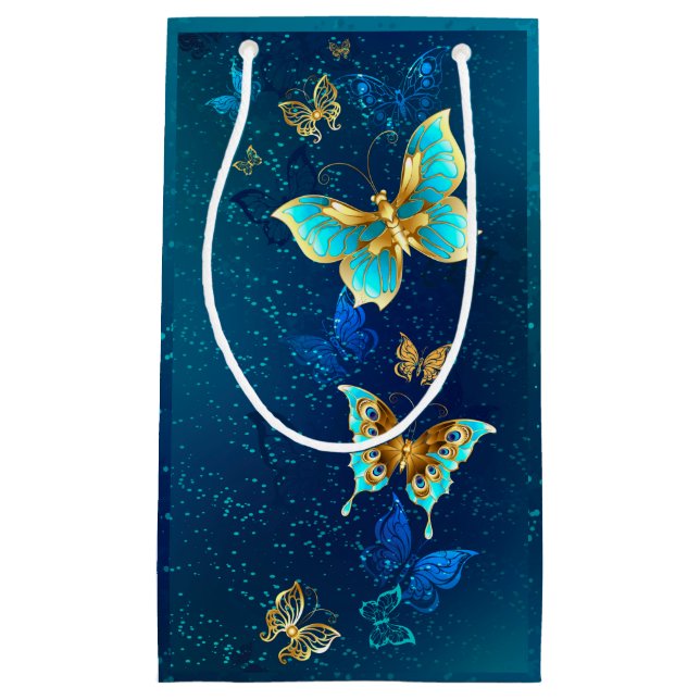 Golden Butterflies on a Blue Background Small Gift Bag (Front)