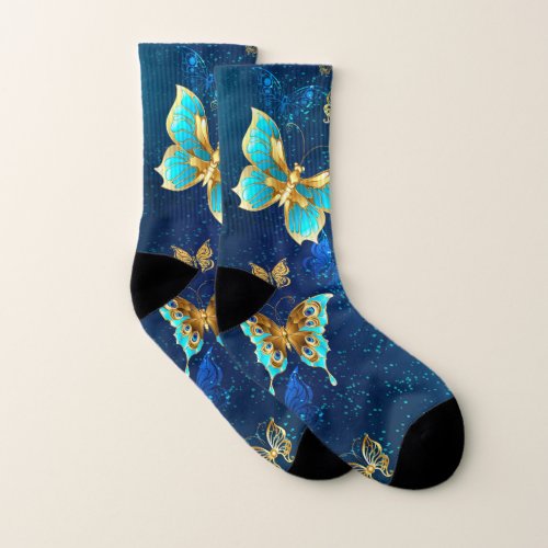 Golden Butterflies on a Blue Background Socks