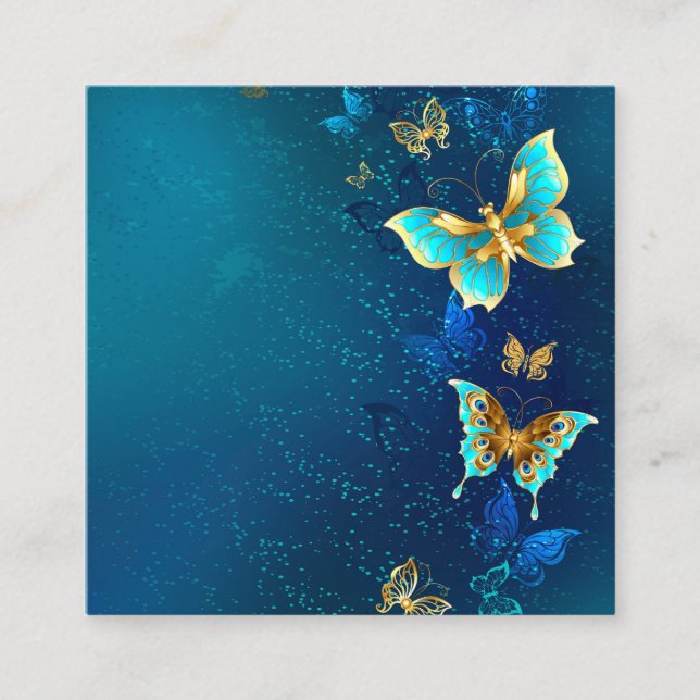 Golden Butterflies on a Blue Background Square Business Card (Front)