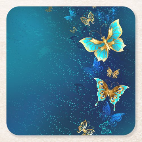 Golden Butterflies on a Blue Background Square Paper Coaster